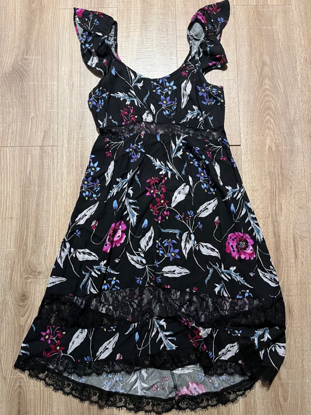 Express Black Floral High-Low Dress with Pink, White and Blue Accents W/ Lace L